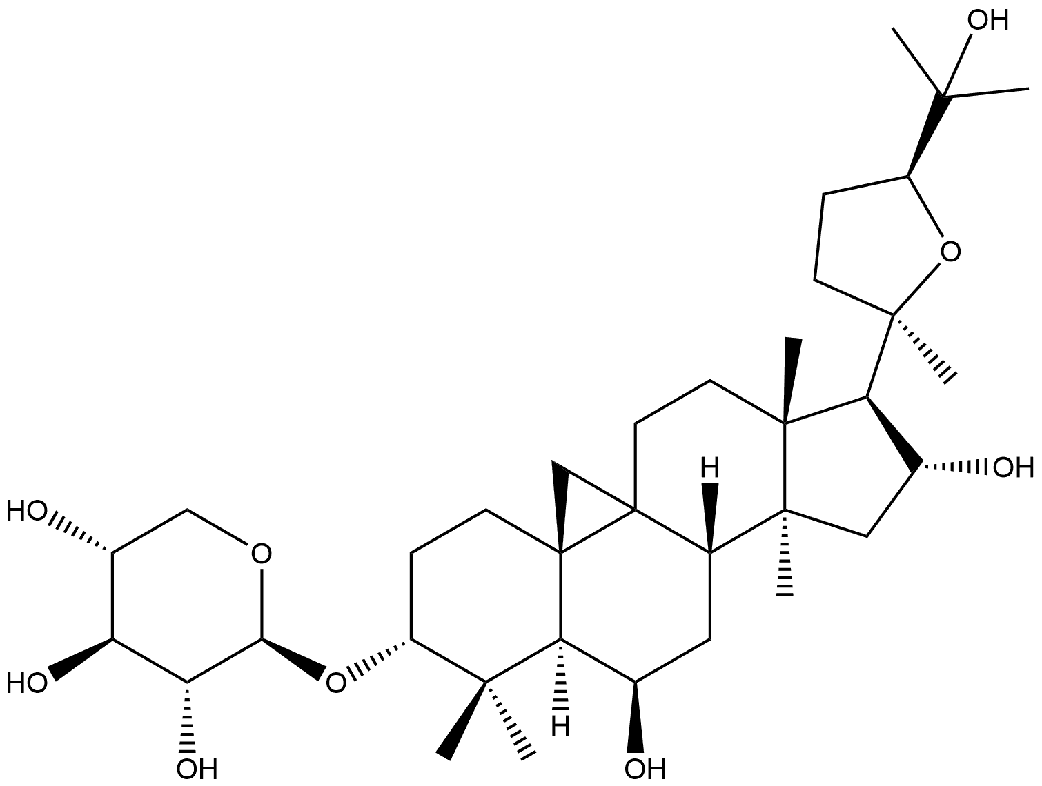 β-D-Xylopyranoside, (3β,6α,16β,20R,24S)-20,24-epoxy-6,16,25-trihydroxy-9,19-cyclolanostan-3-yl 结构式