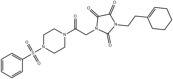 2,4,5-IMIDAZOLIDINETRIONE, 1-[2-(1-CYCLOHEXEN-1-YL)ETHYL]-3-[2-OXO-2-[4-(PHENYLSULFONYL)-1-PIPERAZINYL]ETHYL]- 结构式