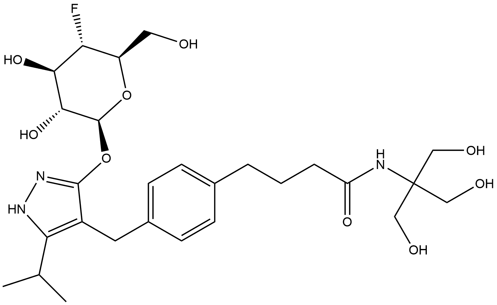 BenzenebutanaMide, 4-[[3-[(4-deoxy-4-fluoro-β-D-glucopyranosyl)oxy]-5-(1-Methylethyl)-1H-pyrazol-4-yl]Methyl]-N-[2-hydroxy-1,1-bis(hydroxyMethyl)ethyl]- 结构式