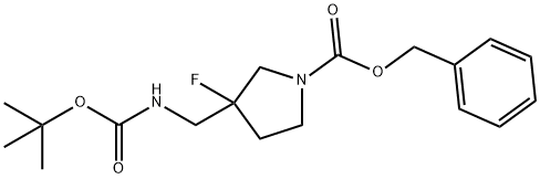 1-Pyrrolidinecarboxylic acid, 3-[[[(1,1-dimethylethoxy)carbonyl]amino]methyl]-3-fluoro-, phenylmethyl ester 结构式