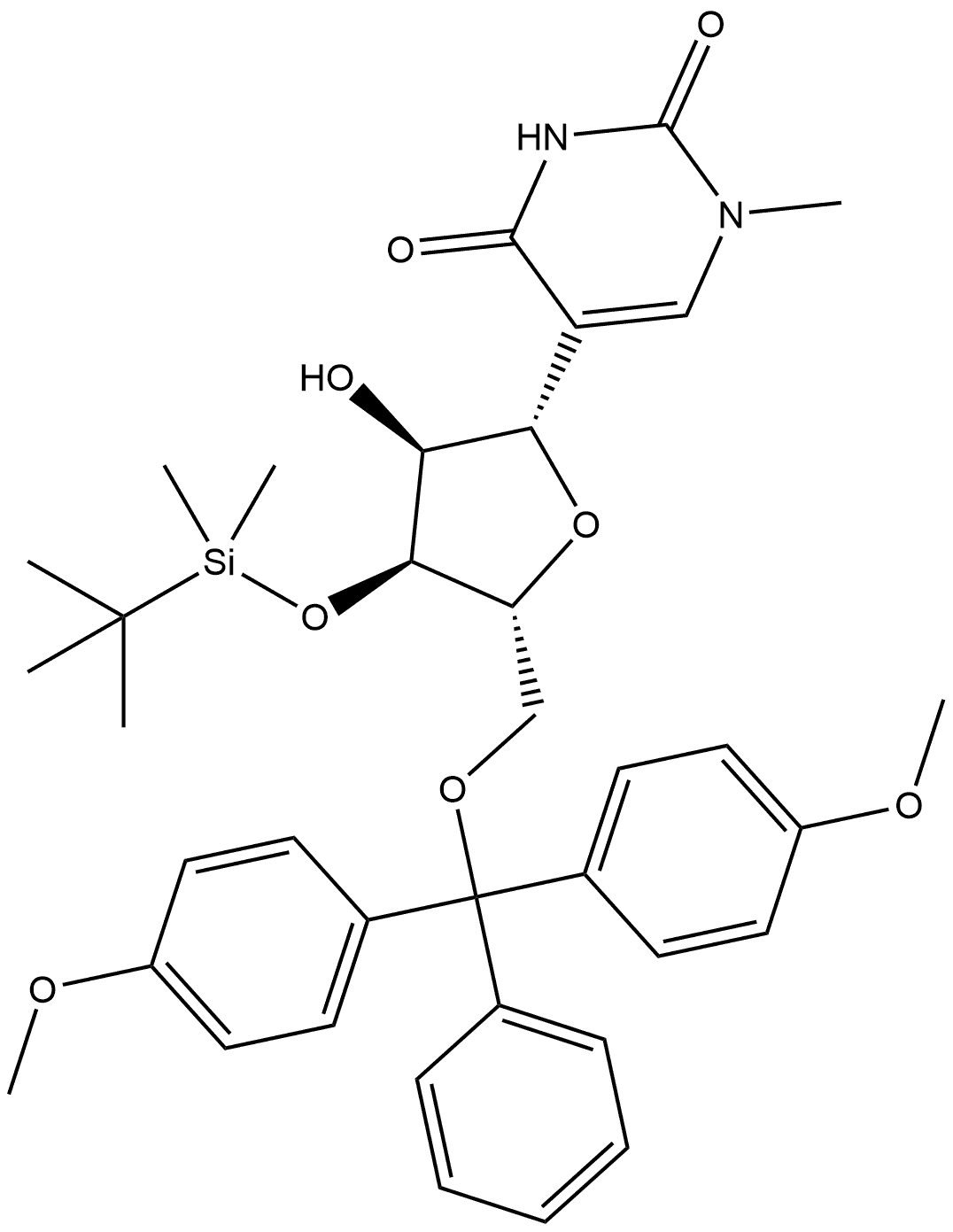 5'-O-(4,4'-Dimethoxytrityl)-3'-O-tert-butyldimethylsilyl-N1-methylpseudouridine 结构式