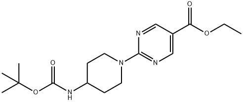 5-Pyrimidinecarboxylic acid, 2-[4-[[(1,1-dimethylethoxy)carbonyl]amino]-1-piperidinyl]-, ethyl ester 结构式