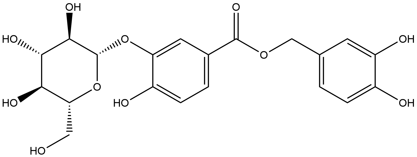 Benzoic acid, 3-(β-D-glucopyranosyloxy)-4-hydroxy-, (3,4-dihydroxyphenyl)methyl ester 结构式