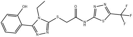 2-{[4-Ethyl-5-(2-hydroxyphenyl)-4H-1,2,4-triazol-3-yl]sulfanyl}-N-[5-(trifluoromethyl)-1,3,4-thiadiazol-2-yl]acetamide 结构式