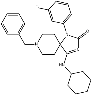 1,3,8-Triazaspiro[4.5]dec-3-en-2-one, 4-(cyclohexylamino)-1-(3-fluorophenyl)-8-(phenylmethyl)- 结构式