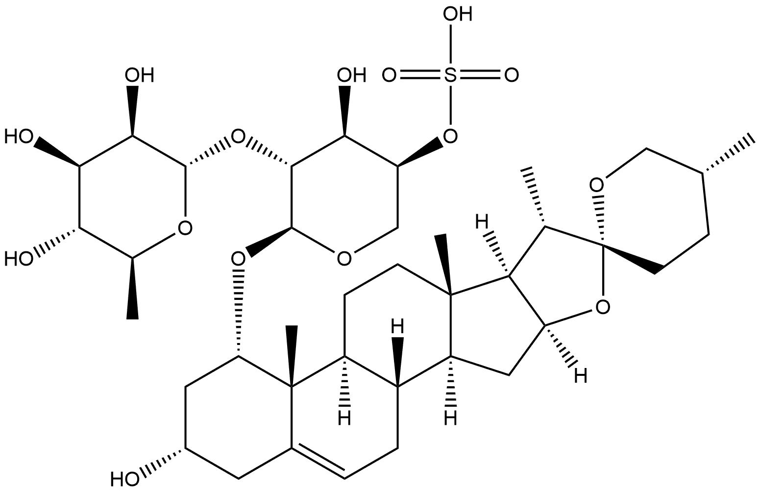 α-L-Arabinopyranoside, (1β,3β,25R)-3-hydroxyspirost-5-en-1-yl 2-O-(6-deoxy-α-L-mannopyranosyl)-, 4-(hydrogen sulfate) 结构式
