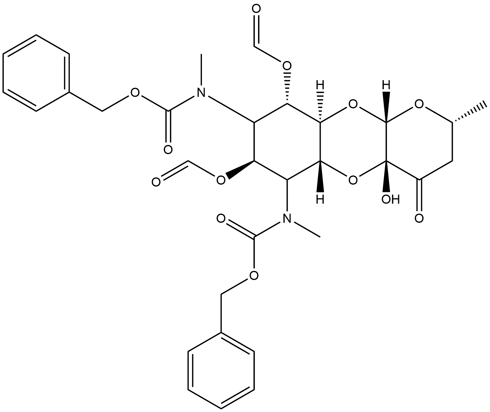 Carbamic acid, [7,9-bis(formyloxy)decahydro-4a-hydroxy-2-methyl-4-oxo-2H-pyrano[2,3-b][1,4]benzodioxin-6,8-diyl]bis[methyl-, bis(phenylmethyl) ester, [2R-(2α,4aβ,5aβ,6β,7β,8β,9α,9aα,10aβ)]- (9CI) 结构式