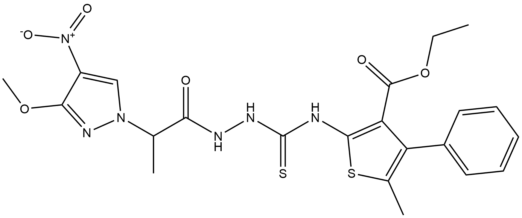 ethyl 2-(2-(2-(3-methoxy-4-nitro-1H-pyrazol-1-yl)propanoyl)hydrazinecarbothioamido)-5-methyl-4-phenylthiophene-3-carboxylate 结构式