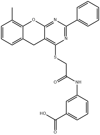 Benzoic acid, 3-[[2-[(9-methyl-2-phenyl-5H-[1]benzopyrano[2,3-d]pyrimidin-4-yl)thio]acetyl]amino]- 结构式