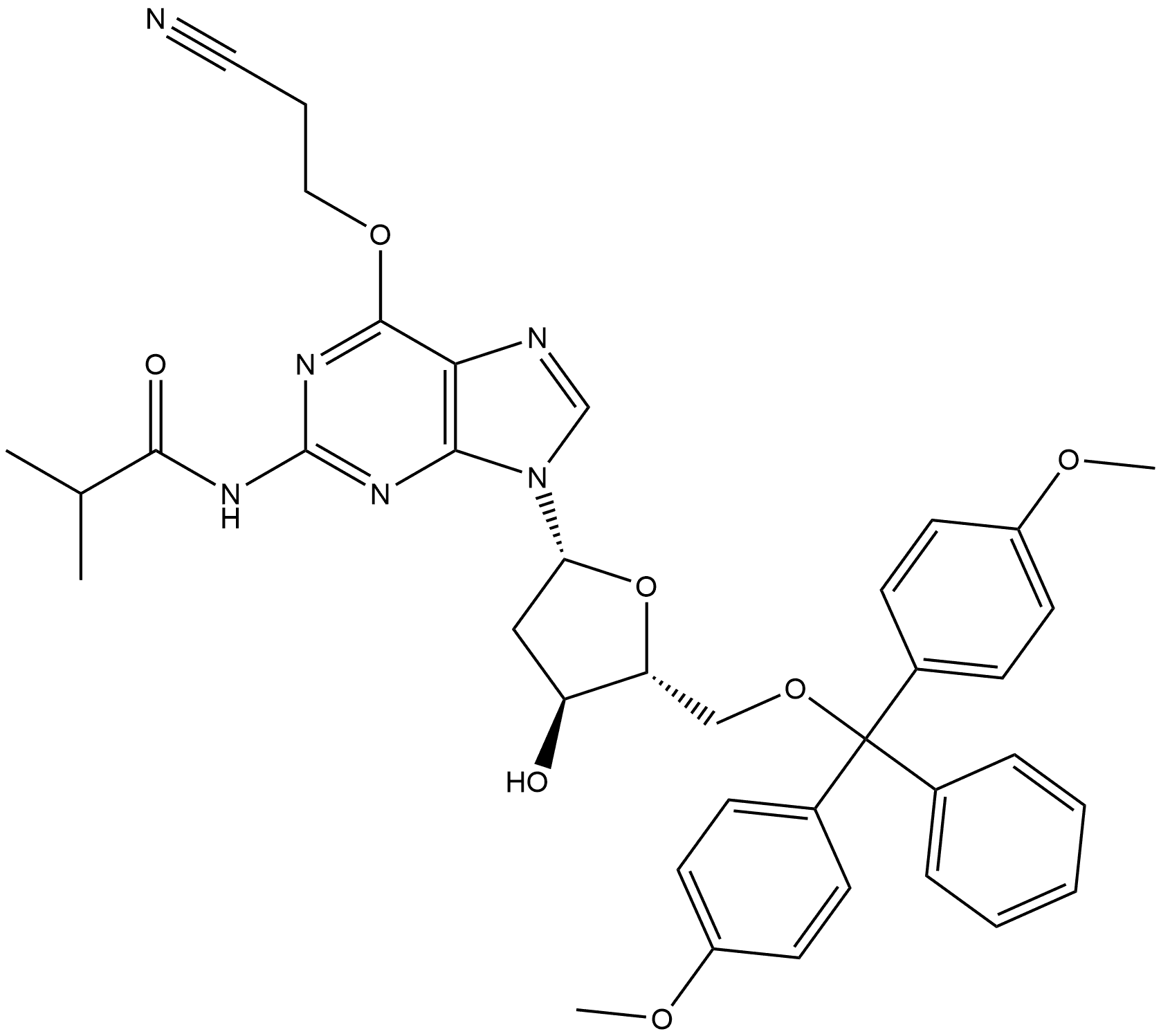 N-[9-[(2R,4S,5R)-5-[[BIS(4-METHOXYPHENYL)-PHENYL-METHOXY]METHYL]-4-HYDROXY-TETRAHYDROFURAN-2-YL]-6-(2-CYANOETHOXY)PURIN-2-YL]-2-METHYL-PROPANAMIDE 结构式