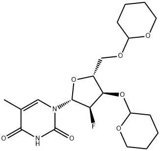 1-((2R,3R,4R,5R)-3-fluoro-4-((tetrahydro-2H-pyran-2-yl)oxy)-5-(((tetrahydro-2H-pyran-2-yl)oxy)methyl)tetrahydrofuran-2-yl)-5-methylpyrimidine-2,4(1H,3H)-dione 结构式