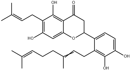 4H-1-Benzopyran-4-one, 2-[2-(3,7-dimethyl-2,6-octadien-1-yl)-3,4-dihydroxyphenyl]-2,3-dihydro-5,7-dihydroxy-6-(3-methyl-2-buten-1-yl)- 结构式