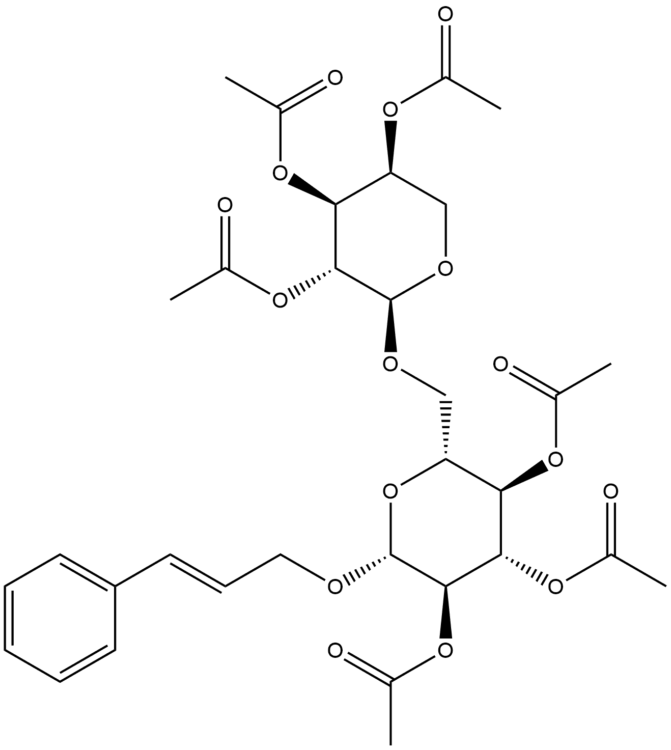 β-D-Glucopyranoside, (2E)-3-phenyl-2-propen-1-yl 6-O-(2,3,4-tri-O-acetyl-α-L-arabinopyranosyl)-, 2,3,4-triacetate 结构式