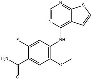 2-Fluoro-5-methoxy-4-(thieno[2,3-d]pyrimidin-4-ylamino)benzamide 结构式