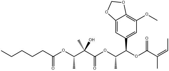 Hexanoic acid, (1S,2R)-2-hydroxy-3-[(1S,2R)-2-(7-methoxy-1,3-benzodioxol-5-yl)-1-methyl-2-[[(2Z)-2-methyl-1-oxo-2-buten-1-yl]oxy]ethoxy]-1,2-dimethyl-3-oxopropyl ester 结构式