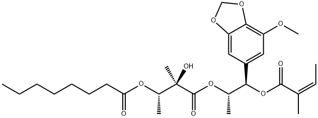 Octanoic acid, (1S,2R)-2-hydroxy-3-[(1S,2R)-2-(7-methoxy-1,3-benzodioxol-5-yl)-1-methyl-2-[[(2Z)-2-methyl-1-oxo-2-buten-1-yl]oxy]ethoxy]-1,2-dimethyl-3-oxopropyl ester 结构式