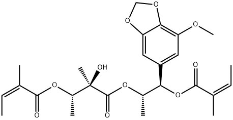 2-Butenoic acid, 2-methyl-, (1S,2R)-2-hydroxy-3-[(1S,2R)-2-(7-methoxy-1,3-benzodioxol-5-yl)-1-methyl-2-[[(2Z)-2-methyl-1-oxo-2-buten-1-yl]oxy]ethoxy]-1,2-dimethyl-3-oxopropyl ester, (2Z)- 结构式