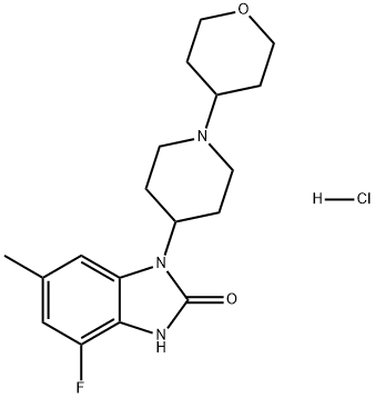 4-Fluoro-6-methyl-1-[1-(tetrahydro-2H-pyran-4-yl)-4-piperidinyl]-1,3-dihydro-2H-benzimidazol-2-one hydrochloride 结构式