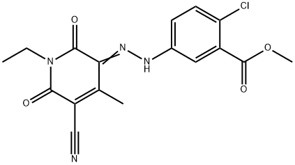 Benzoic acid, 2-?chloro-?5-?[2-?(5-?cyano-?1-?ethyl-?1,?6-?dihydro-?4-?methyl-?2,?6-?dioxo-?3(2H)?-?pyridinylidene)?hydrazinyl]?-?, methyl ester 结构式