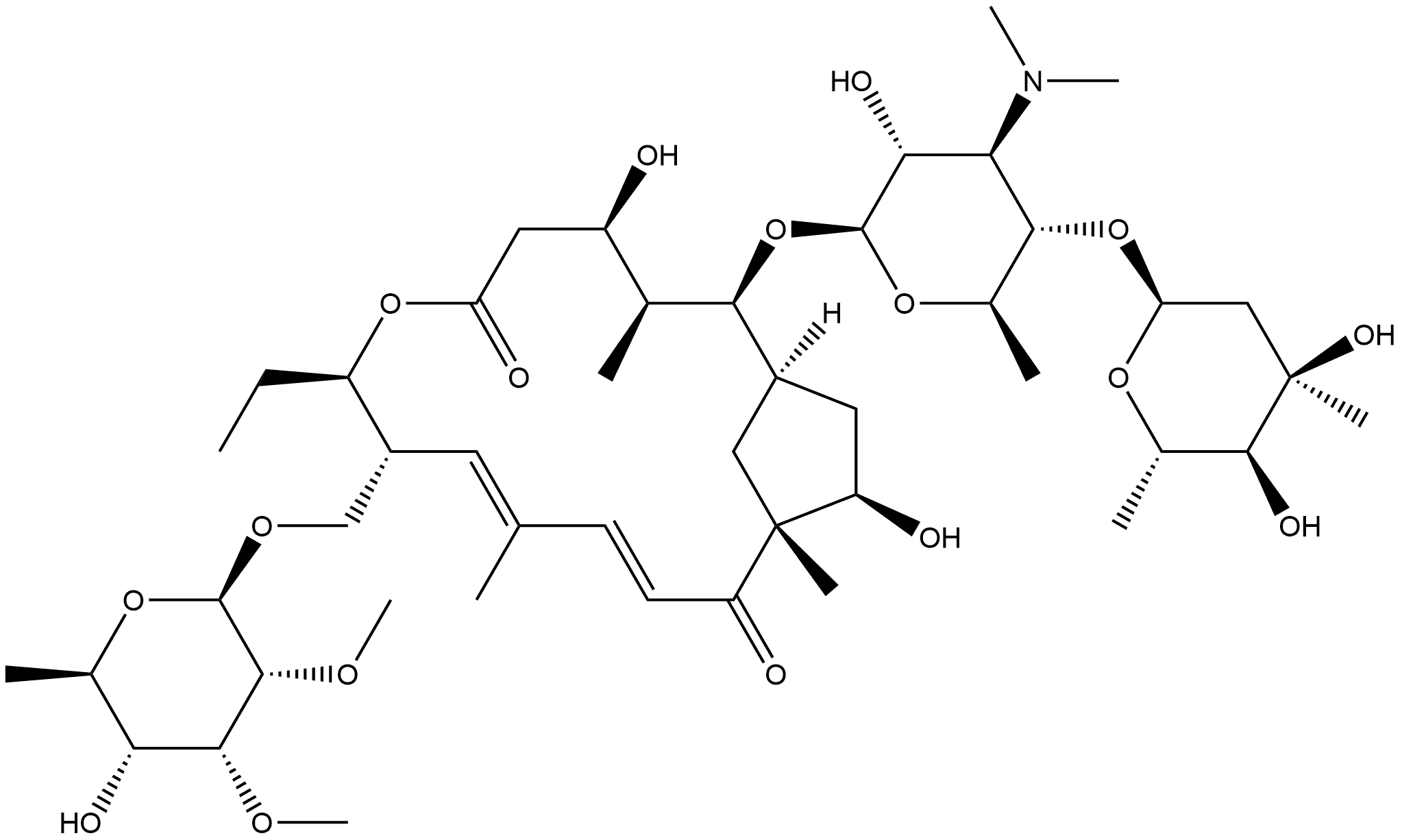 7-Oxabicyclo[13.2.1]octadeca-10,12-diene-6,14-dione, 9-[[(6-deoxy-2,3-di-O-methyl-β-D-allopyranosyl)oxy]methyl]-2-[[3,6-dideoxy-4-O-(2,6-dideoxy-3-C-methyl-α-L-ribo-hexopyranosyl)-3-(dimethylamino)-β-D-glucopyranosyl]oxy]-8-ethyl-4,16-dihydroxy-3,11,15-trimethyl-, (1R,2S,3S,4R,8R,9R,10E,12E,15R,16R)- 结构式