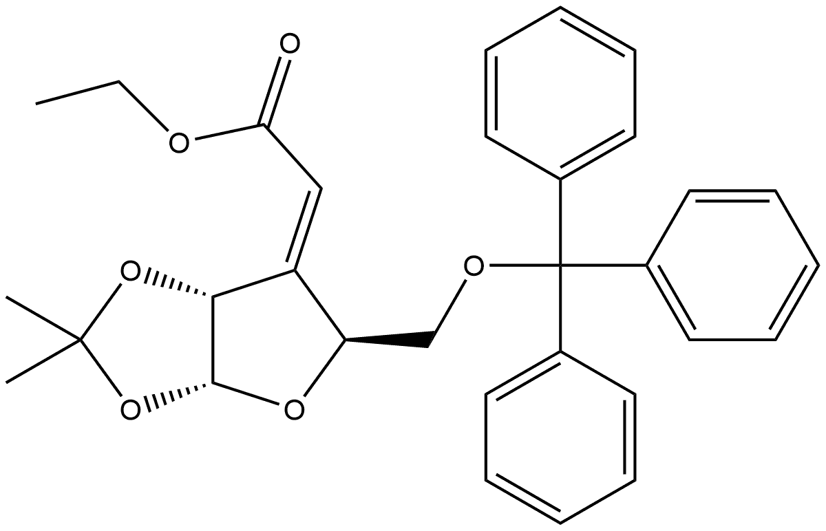 α-D-erythro-Pentofuranose, 3-deoxy-3-(2-ethoxy-2-oxoethylidene)-1,2-O-(1-methylethylidene)-5-O-(triphenylmethyl)-, (3Z)- 结构式