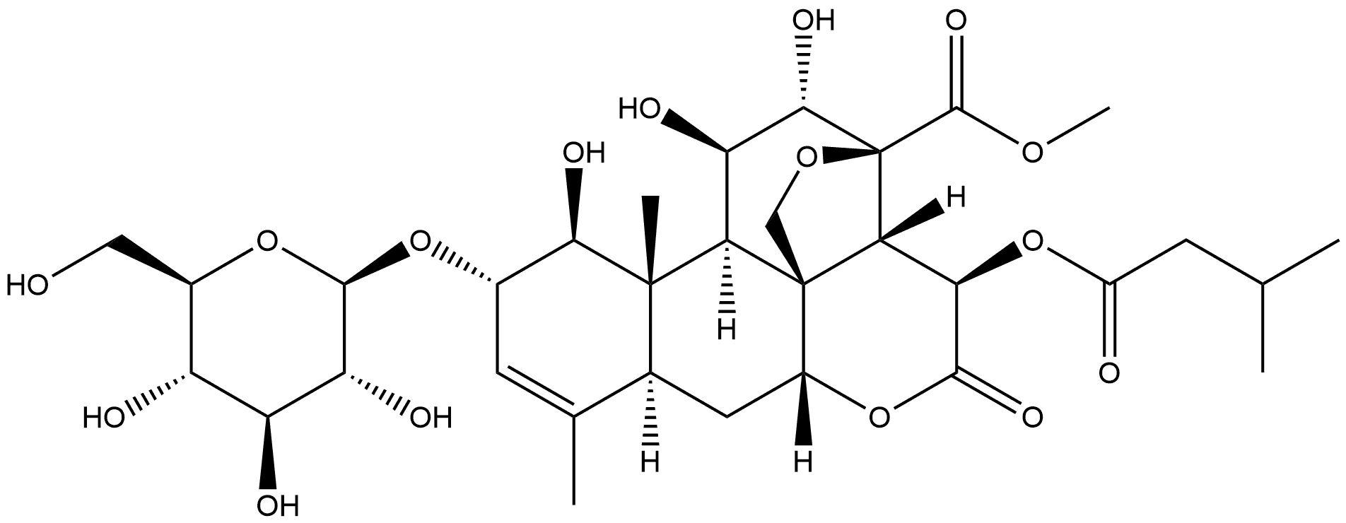 Picras-3-en-21-oic acid, 13,20-epoxy-2-(β-D-glucopyranosyloxy)-1,11,12-trihydroxy-15-(3-methyl-1-oxobutoxy)-16-oxo-, methyl ester, (1β,2α,11β,12α,15β)- (9CI) 结构式