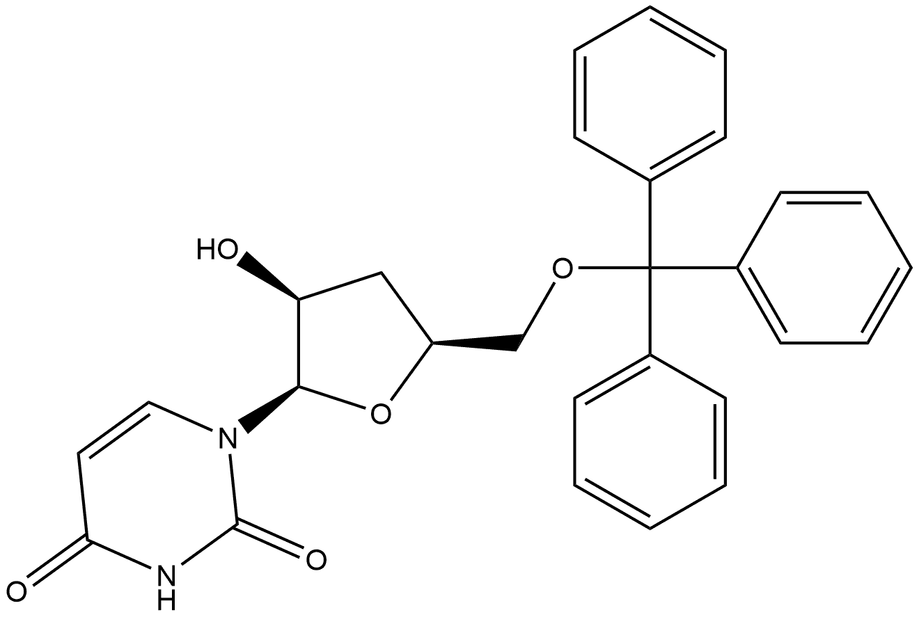2,4(1H,3H)-Pyrimidinedione, 1-[3-deoxy-5-O-(triphenylmethyl)-β-D-threo-pentofuranosyl]- 结构式