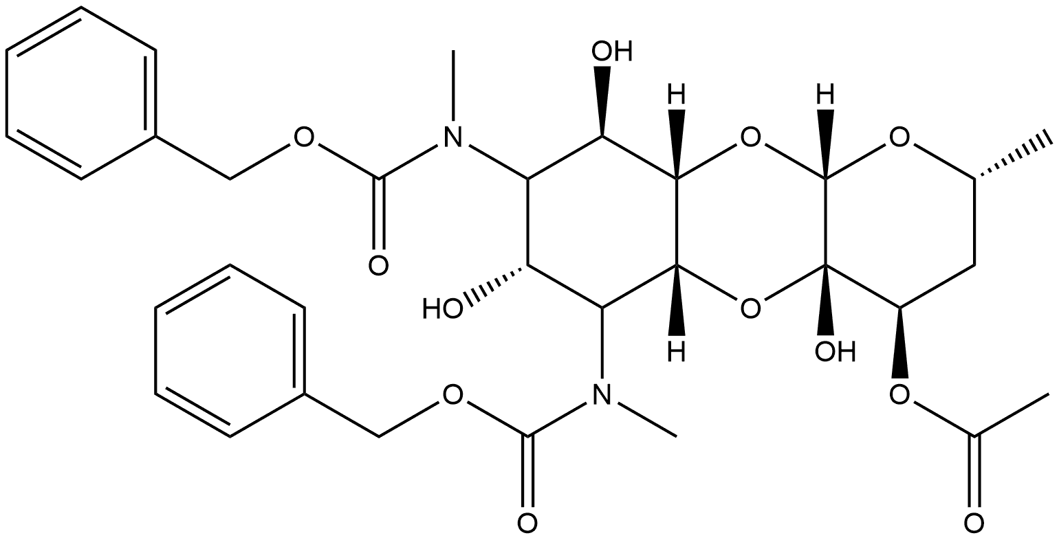 Carbamic acid, [4-(acetyloxy)decahydro-4a,7,9-trihydroxy-2-methyl-2H-pyrano[2,3-b][1,4]benzodioxin-6,8-diyl]bis[methyl-, bis(phenylmethyl) ester, [2R-(2α,4β,4aβ,5aβ,6α,7α,8α,9β,9aβ,10aβ)]- (9CI) 结构式