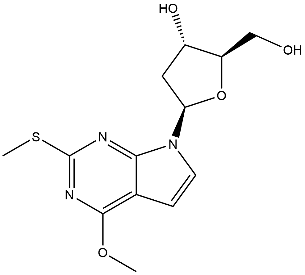 7H-Pyrrolo[2,3-d]pyrimidine, 7-(2-deoxy-β-D-erythro-pentofuranosyl)-4-methoxy-2-(methylthio)- 结构式