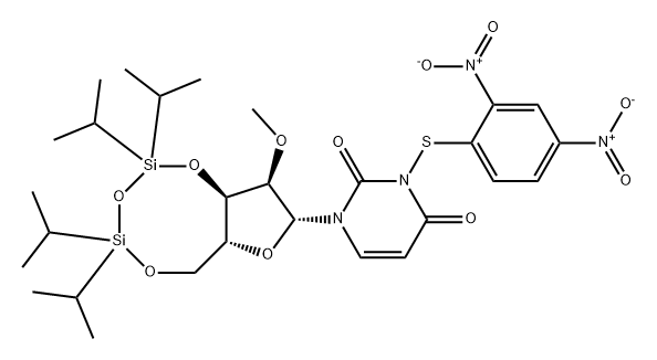 Uridine, 3-[(2,4-dinitrophenyl)thio]-2'-O-methyl-3',5'-O-[1,1,3,3-tetrakis(1-methylethyl)-1,3-disiloxanediyl]- (9CI) 结构式