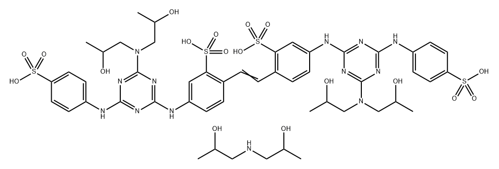 4,4'-bis[[4-[bis(2-hydroxypropyl)amino]-6-[(4-sulphophenyl)amino]-1,3,5-triazin-2-yl]amino]stilbene-2,2'-disulphonic acid, potassium sodium salt, compound with 1,1'-iminodipropan-2-ol 结构式