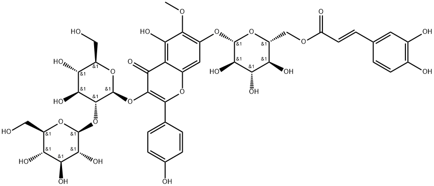 6-甲氧基山柰酚-3-O-Β-D-葡萄糖基(1'″→2″)-Β-D-葡萄糖基-(6″″-(E)-咖啡酰基)-7-O-Β-D-吡喃葡萄糖苷 结构式