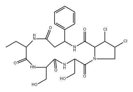 Cyclo(L-Abu-L-Ser-L-Ser-3β,4β-dichloro-L-Pro-3-phenyl-βAla-) 结构式