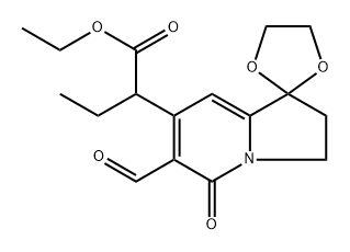 SPIRO[1,3-DIOXOLANE-2,1'(5'H)-INDOLIZINE]-7'-ACETIC ACID, Α-ETHYL-6'-FORMYL-2',3'-DIHYDRO-5'-OXO-, ETHYL ESTER螺[1,3-二氧戊环-2,1'(5'H)-中氮茚]-7'-乙酸,Α-乙基-6'-甲酰基-2',3'-二氢-5'-氧代-, 乙酯 结构式