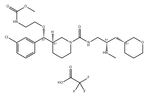 N-[2-[(R)-(3-氯苯基)[(3R)-1-[[[(2S)-2-(甲基氨基)-3-[(3R)-四氢-2H-吡喃-3-基]丙基]氨基]羰基]-3-哌啶基]甲氧基]乙基]氨基甲酸甲酯 2,2,2-三氟乙酸盐 结构式