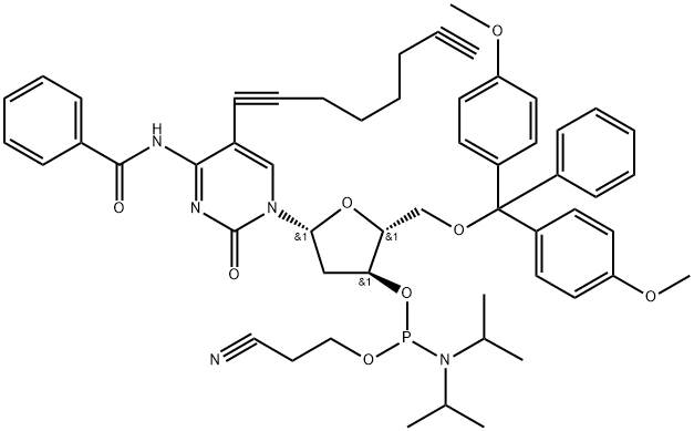 Cytidine, N-benzoyl-5'-O-[bis(4-methoxyphenyl)phenylmethyl]-2'-deoxy-5-(1,7-octadiyn-1-yl)-, 3'-[2-cyanoethyl N,N-bis(1-methylethyl)phosphoramidite] 结构式