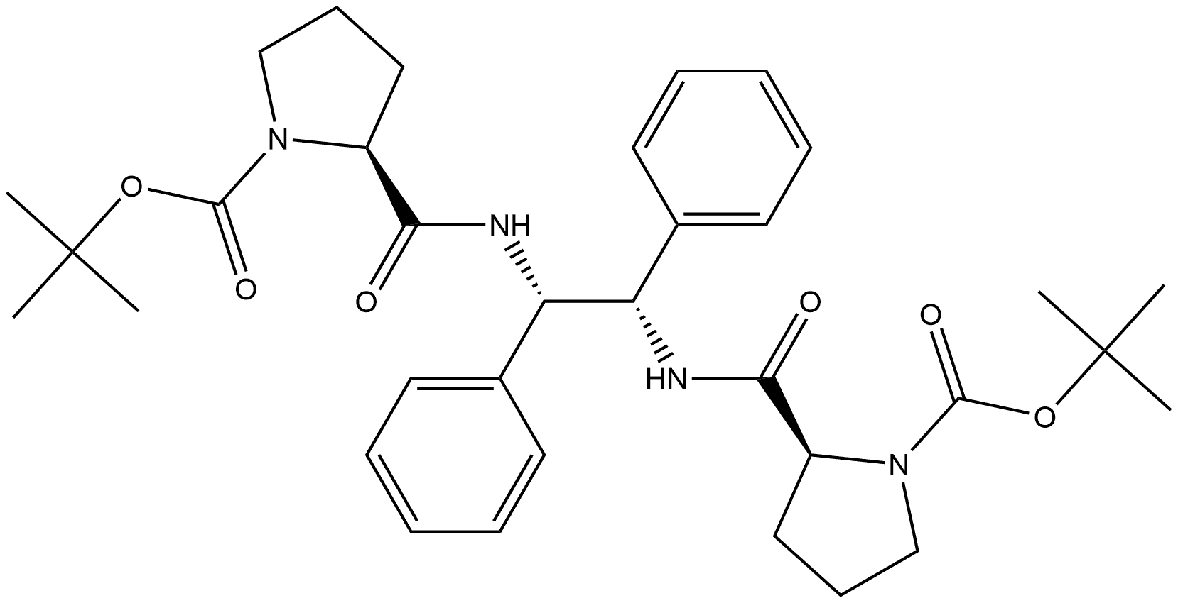 1-Pyrrolidinecarboxylic acid, 2,2'-[[(1S,2S)-1,2-diphenyl-1,2-ethanediyl]bis(iminocarbonyl)]bis-, 1,1'-bis(1,1-dimethylethyl) ester, (2S,2'S)- 结构式