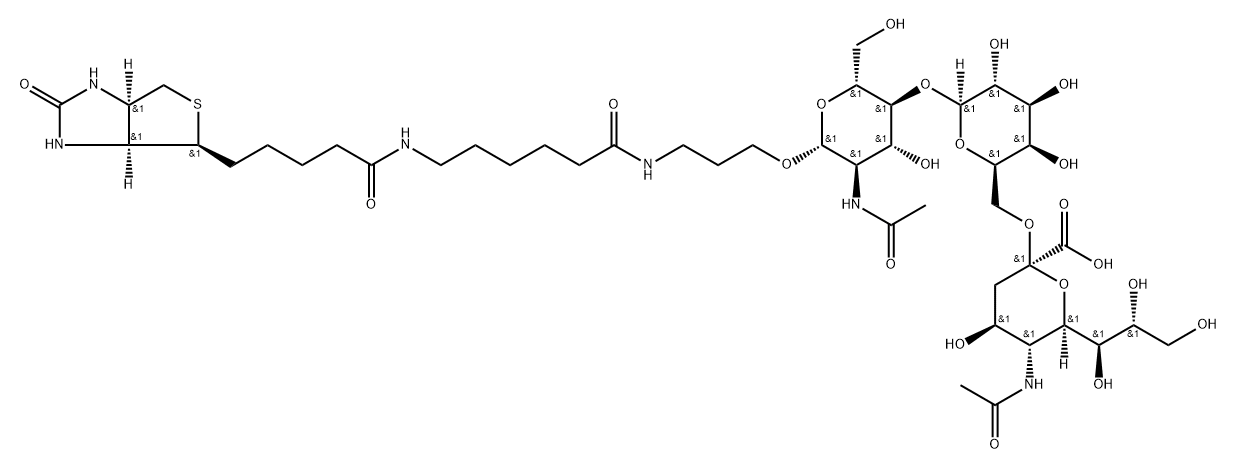 (3AS,4S,6AR)-N-[6-[[3-[[O-(N-乙酰基-ALPHA-神经胺酸基)-(2-6)-O-BETA-D-吡喃半乳糖基-(1-4)-2-(乙酰氨基)-2-脱氧-BETA-D-吡喃葡萄糖基]氧基]丙基]氨基]-6-氧代己基]六氢-2-氧代-1H-噻吩并[3,4-D]咪唑-4-戊酰胺 结构式