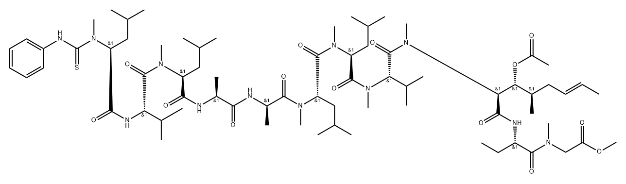 Glycine, N-methyl-N-[(phenylamino)thioxomethyl]-L-leucyl-L-valyl-N-methyl-L-leucyl-L-alanyl-D-alanyl-N-methyl-L-leucyl-N-methyl-L-leucyl-N-methyl-L-valyl-(2S,3R,4R,6E)-3-(acetyloxy)-4-methyl-2-(methylamino)-6-octenoyl-(2S)-2-aminobutanoyl-N-methyl-, methyl ester 结构式