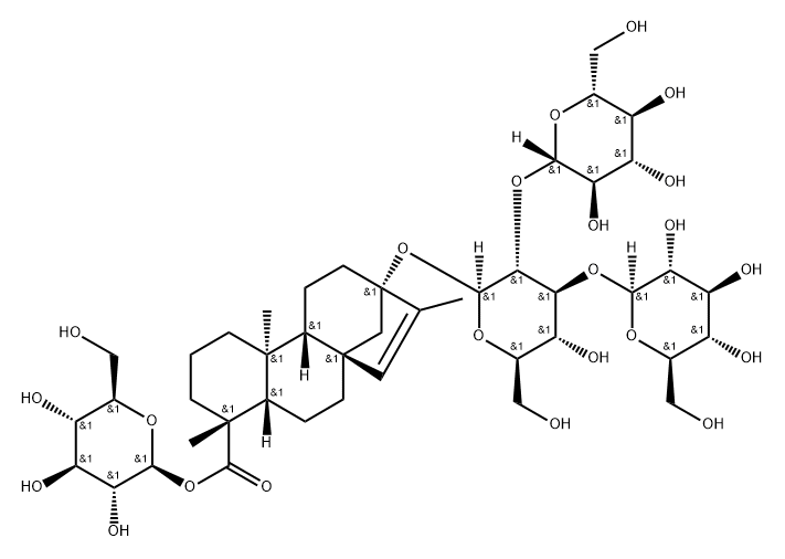 (4ALPHA)-13-[(O-BETA-D-吡喃葡萄糖基-(1-2)-O-[BETA-D-吡喃葡萄糖基-(1-3)]-BETA-D-吡喃葡萄糖基)氧基]-贝壳杉-15-烯-18-酸 BETA-D-吡喃葡萄糖基酯 结构式