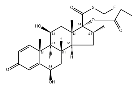 (6R,8S,9R,10S,11S,13S,14S,16R,17R)-9-fluoro-17-(((fluoromethyl)thio)carbonyl)-6,11-dihydroxy-10,13,16-trimethyl-3-oxo-6,7,8,9,10,11,12,13,14,15,16,17-dodecahydro-3H-cyclopenta[a]phenanthren-17-yl propionate 结构式