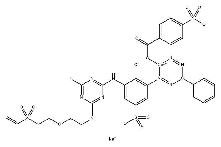 Cuprate(3-), 2-3-4-2-2-(ethenylsulfonyl)ethoxyethylamino-6-fluoro-1,3,5-triazin-2-ylamino-2-(hydroxy-.kappa.O)-5-sulfophenylazo-.kappa.N2phenylmethylazo-.kappa.N1-4-sulfobenzoato(5-)-.kappa.O-, trisodium 结构式