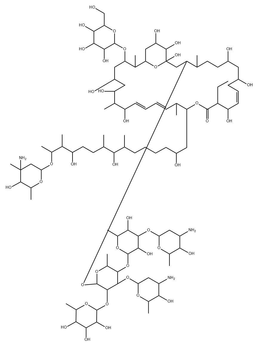 16,35-Dioxabicyclo[29.3.1]pentatriaconta-11,19,21-trien-15-one,3-[[O-3-amino-2,3,6-trideoxy-b-D-arabino-hexopyranosyl-(1(R)3)-O-[O-3-amino-2,3,6-trideoxy-b-D-arabino-hexopyranosyl-(1(R)3)-O-6-deoxy-b-D-glucopyranosyl-(1(R)4)]-O-[6-deoxy-b-D-glucopyranosyl-(1(R)2)]-6-deoxy-b-D-glucopyranosyl]oxy]-17-[14-[(3-amino-2,3,6-trideoxy-3-C-methyl-a-L-lyxo-hexopyranosyl)oxy]-2,8,12-trihydroxy-7,9,13-trimethylpentadecyl]-14-ethyl-29-(b-D-glucopyranosyloxy)-1,7,9,13,23,25,27,33,34-nonahydroxy-4,18,24,30-tetrame 结构式