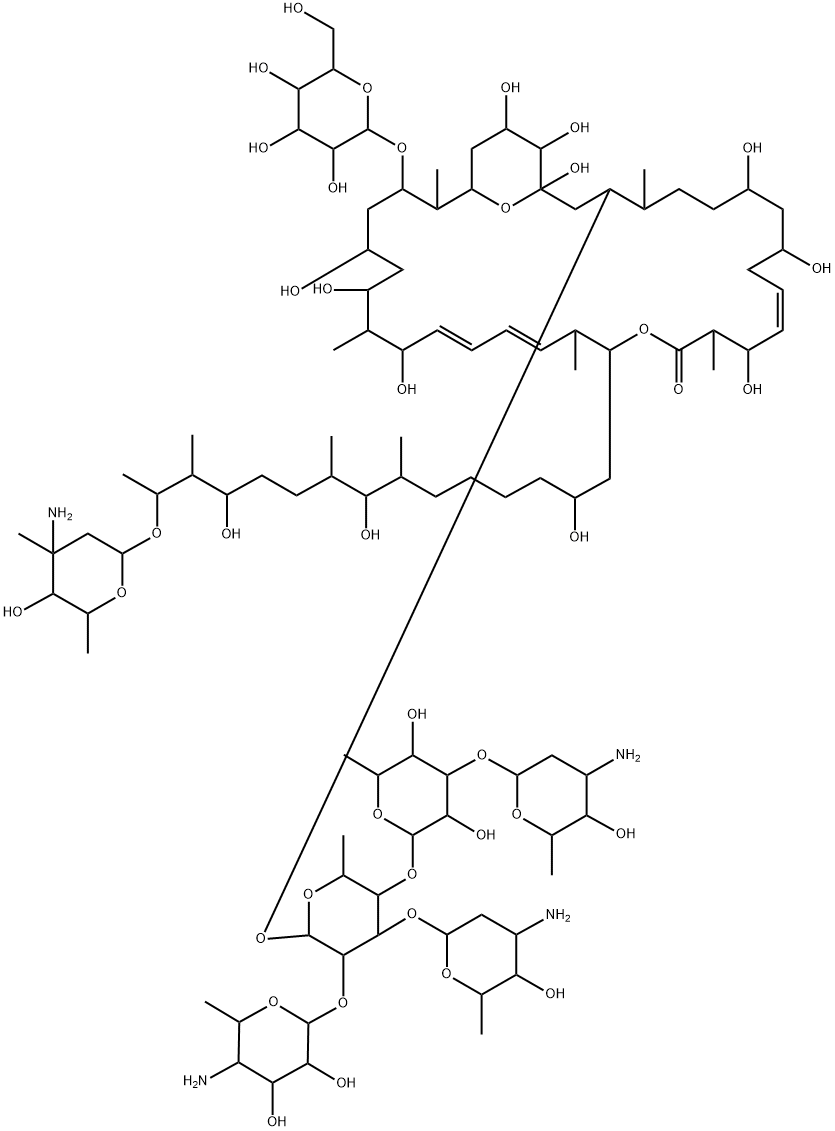 16,35-Dioxabicyclo[29.3.1]pentatriaconta-11,19,21-trien-15-one,3-[[O-4-amino-4,6-dideoxy-b-D-glucopyranosyl-(1(R)2)-O-[3-amino-2,3,6-trideoxy-b-D-arabino-hexopyranosyl-(1(R)3)]-O-[O-3-amino-2,3,6-trideoxy-b-D-arabino-hexopyranosyl-(1(R)3)-O-6-deoxy-b-D-glucopyranosyl-(1(R)4)]-6-deoxy-b-D-glucopyranosyl]oxy]-17-[14-[(3-amino-2,3,6-trideoxy-3-C-methyl-a-L-lyxo-hexopyranosyl)oxy]-2,8,12-trihydroxy-7,9,13-trimethylpentadecyl]-29-(b-D-glucopyranosyloxy)-1,7,9,13,23,25,27,33,34-nonahydroxy-4,14,18,24,30-p 结构式