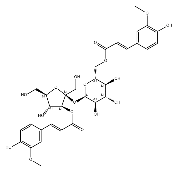α-D-Glucopyranoside, 3-O-[(2E)-3-(4-hydroxy-3-methoxyphenyl)-1-oxo-2-propen-1-yl]-β-D-fructofuranosyl, 6-[(2E)-3-(4-hydroxy-3-methoxyphenyl)-2-propenoate] 结构式