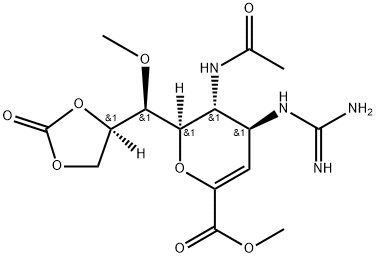D-glycero-D-galacto-Non-2-enonic acid, 5-(acetylamino)-4-[(aminoiminomethyl)amino]-2,6-anhydro-3,4,5-trideoxy-7-O-methyl-, methyl ester, cyclic 8,9-carbonate 结构式