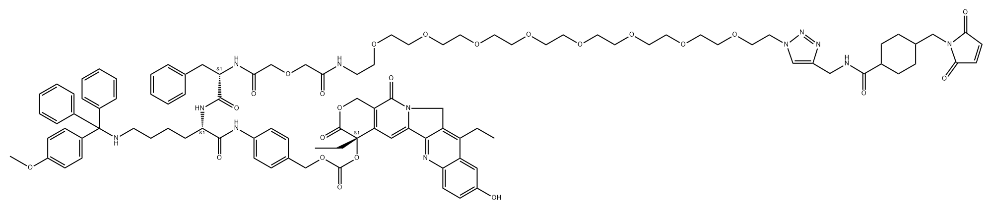 L-Lysinamide, N-[32-[4-[[[[4-[(2,5-dihydro-2,5-dioxo-1H-pyrrol-1-yl)methyl]cyclohexyl]carbonyl]amino]methyl]-1H-1,2,3-triazol-1-yl]-1,5-dioxo-3,9,12,15,18,21,24,27,30-nonaoxa-6-azadotriacont-1-yl]-L-phenylalanyl-N-[4-[[[[[(4S)-4,11-diethyl-3,4,12,14-tetrahydro-9-hydroxy-3,14-dioxo-1H-pyrano[3′,4′:6,7]indolizino[1,2-b]quinolin-4-yl]oxy]carbonyl]oxy]methyl]phenyl]-N6-[(4-methoxyphenyl)diphenylmethyl]- 结构式