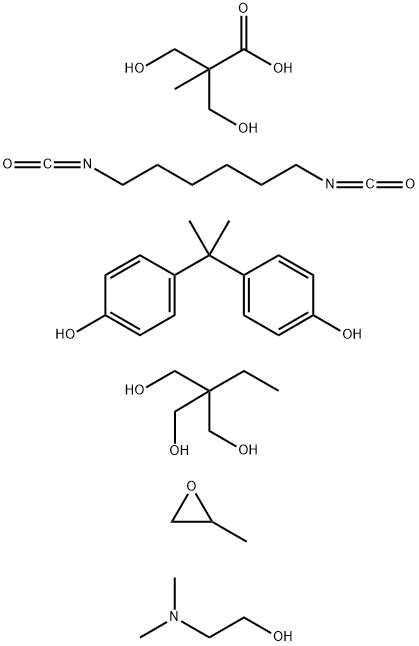 Propanoic acid, 3-hydroxy-2-(hydroxymethyl)-2-methyl-, polymer with 1,6-diisocyanatohexane, 2-ethyl-2-(hydroxymethyl)-1,3-propanediol, 4,4'-(1-methylethylidene)bis[phenol] and methyloxirane, compd. with 2-(dimethylamino)ethanol 结构式