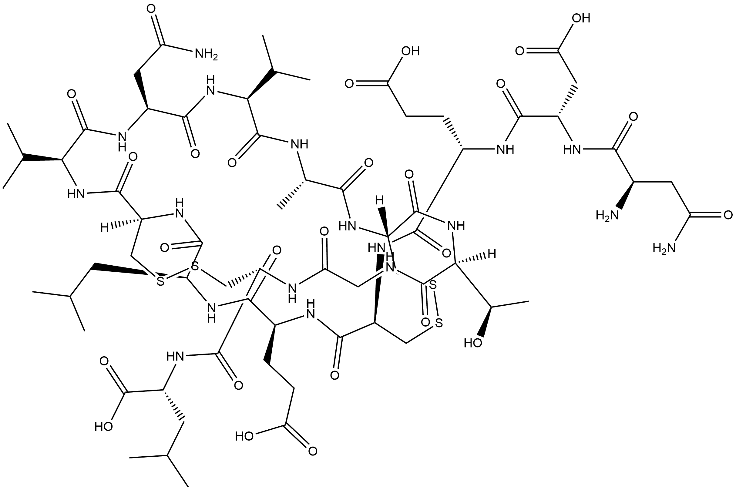 D-Leucine, D-asparaginyl-L-α-aspartyl-L-α-glutamyl-L-cysteinyl-L-α-glutamyl-L-leucyl-L-cysteinyl-L-valyl-L-asparaginyl-L-valyl-L-alanyl-L-cysteinyl-L-threonylglycyl-L-cysteinyl-, cyclic (4→12),(7→15)-bis(disulfide) 结构式