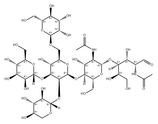 O-ALPHA-D-甘露糖基-(1-3)-O-[ALPHA-D-甘露糖基-(1-6)]-O-[BETA-D-吡喃木糖基-(1-2)]-O-BETA-D-甘露糖基-(1-4)-O-2-(乙酰氨基)-2-脱氧-BETA-D-吡喃葡萄糖基-(1-4)-2-(乙酰氨基)-2-脱氧-D-葡萄糖 结构式